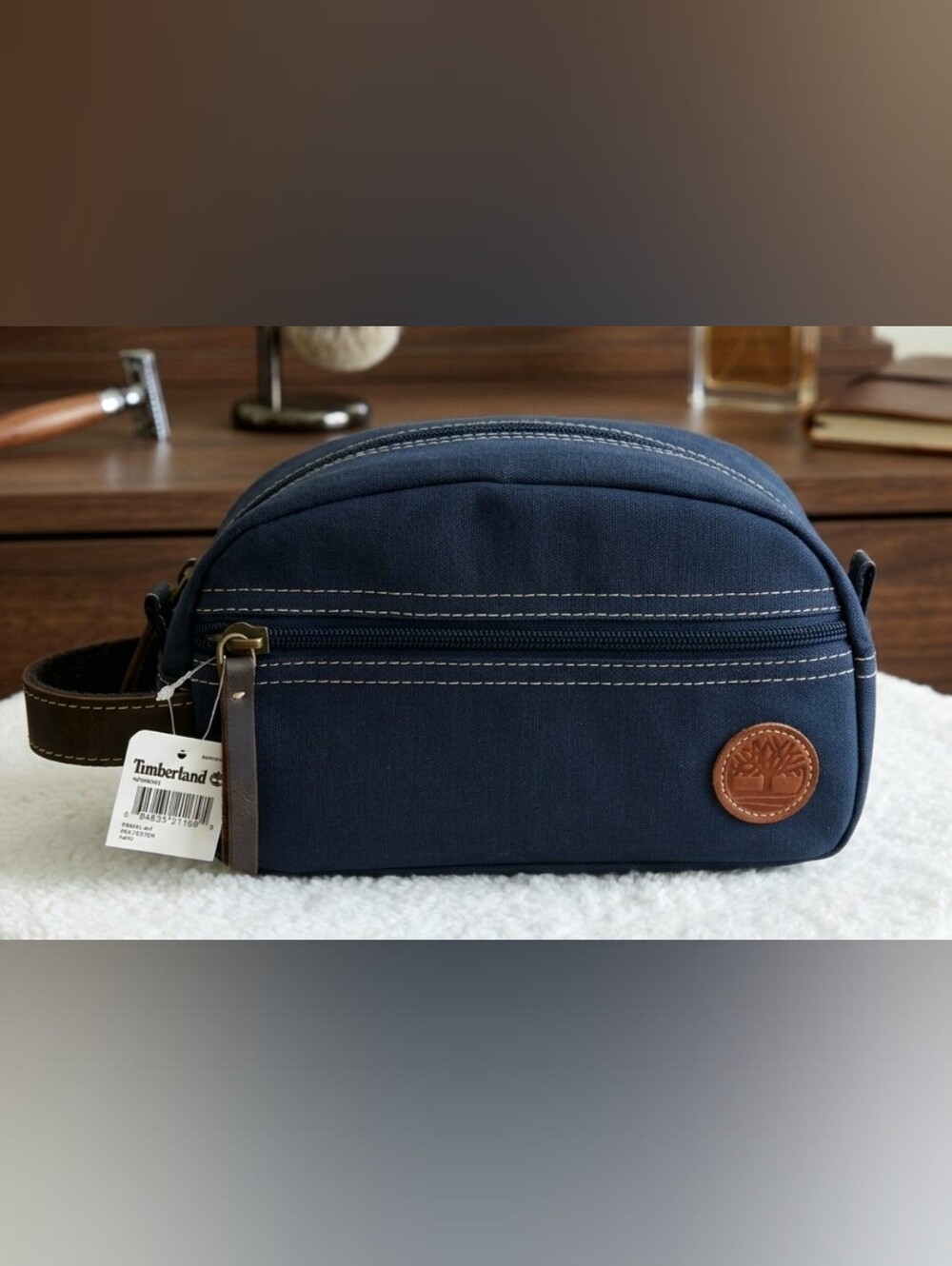 Timberland Navy Canvas Toiletry Kit with Brown Leather Accent NWT